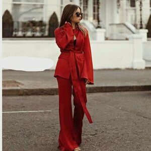 BLOGGERS FAV ZARA LIMITED EDITION RED BELTED BLAZER TROUSERS SUIT XS NEW